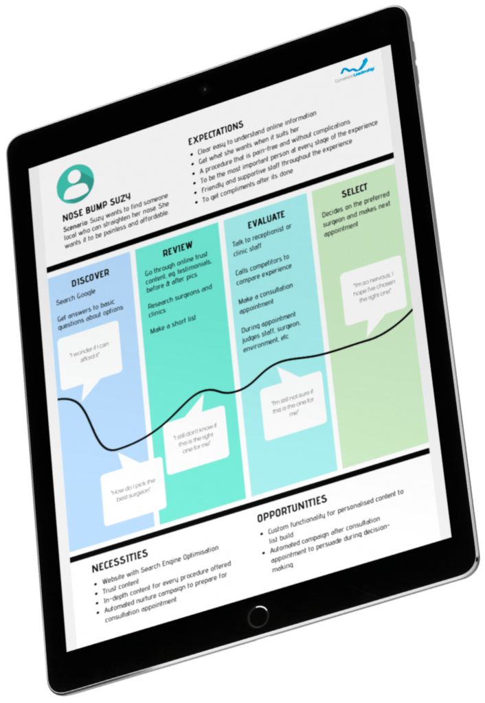 Customer Journey Maps that highlight visitor emotional states and decision making strategies