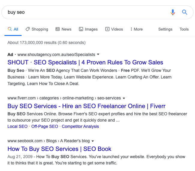 Google SERP as it appears after the Google Core Update 2020 with the redesigned layout