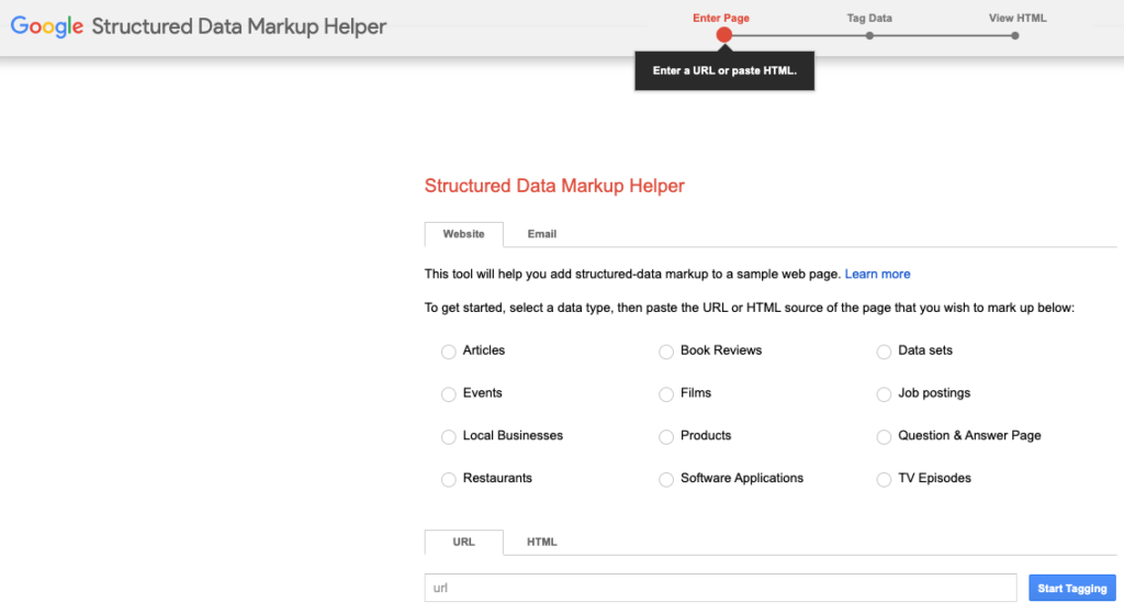 Google's structured data helper tool for manually creating Schema markup for your website content